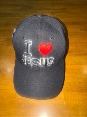 I Love Jesus Adjustable Hat Cap Black Embroidered Wool New With Tags